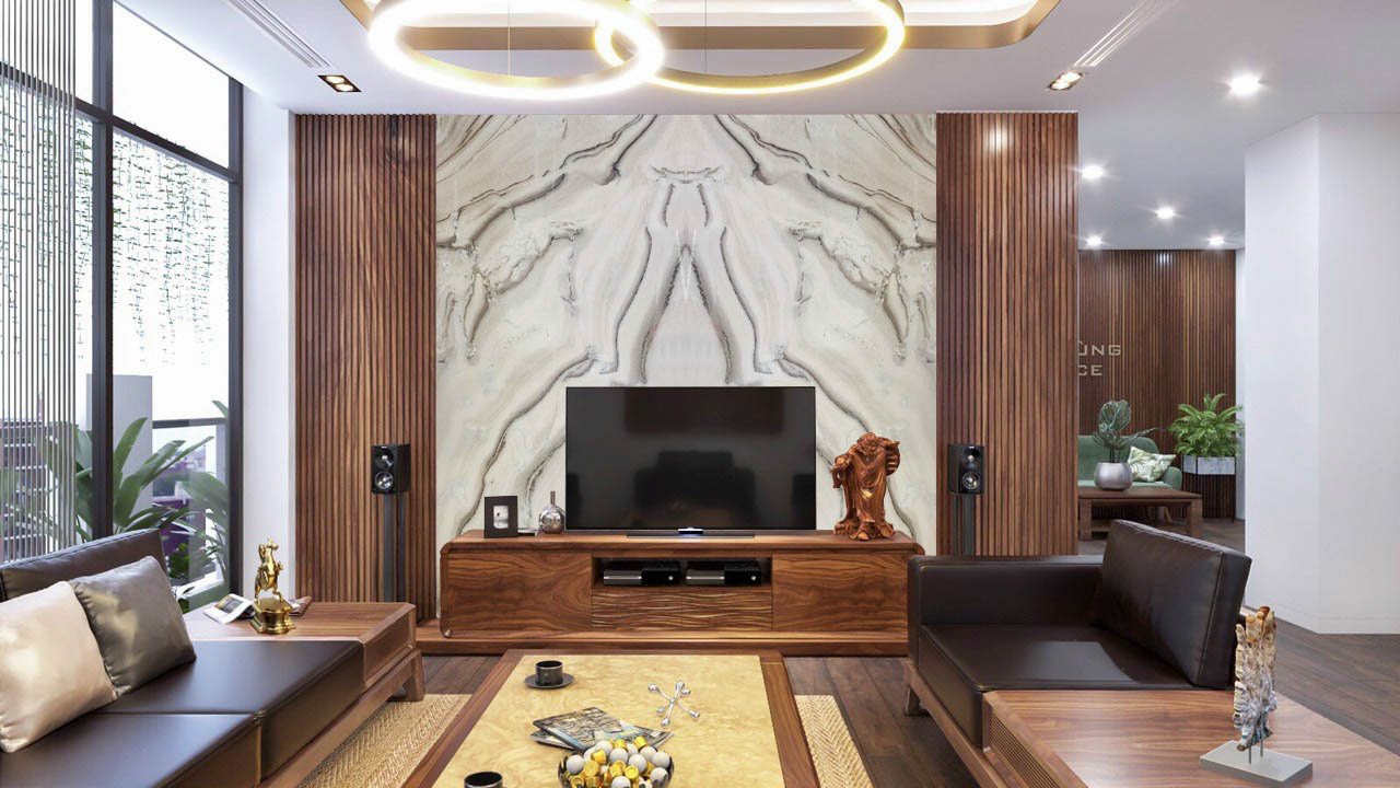 Tranh đá ốp tivi màu trắng sang trọng, phù hợp với nhiều không gian
