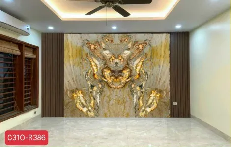 Tranh Đá Đối Xứng Onyx Xuyên Sáng Ốp Tường Màu Kem Vân Nâu 003