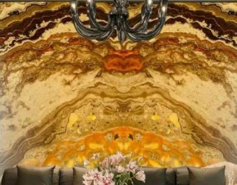 Tranh Đá Đối Xứng Onyx Xuyên Sáng Nền Kem Vân Nâu Vàng
