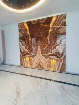 Tranh Đá Đối Xứng Onyx Xuyên Sáng Ốp Tường Màu Nâu 006