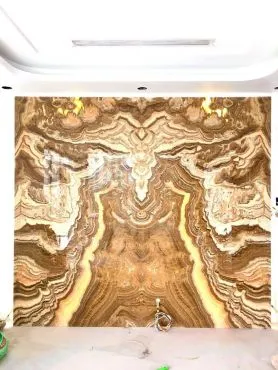 Trannh Đá Đối Xứng Onyx Xuyên Sáng Ốp Tường Màu Vàng Nâu 005