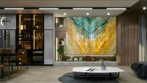 Tranh Đá Đá Đối Xứng Thạch Anh Màu Vàng Xanh