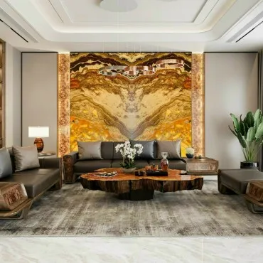 Tranh Đá Đối Xứng Onyx Xuyên Sáng Ốp Tường Màu Vàng Vân Nâu 002