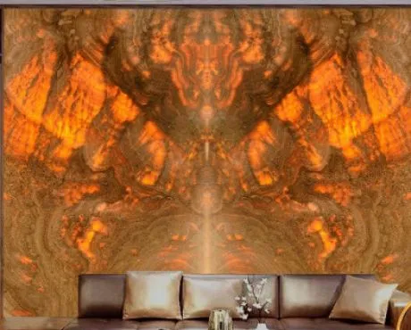 Tranh Đá Đối Xứng Onyx Xuyên Sáng Ốp Tường Màu Nâu 