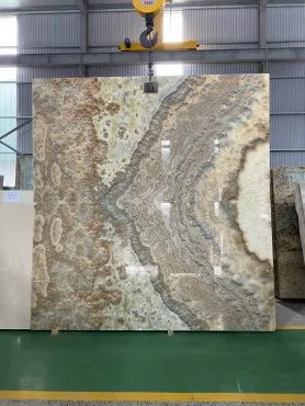 Tranh Đá Đối Xứng Onyx Xuyên Sáng Ốp Tường Màu Xanh