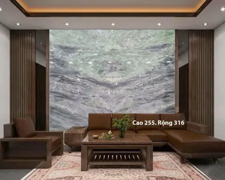 Tranh Đá Đối Xứng Thạch Anh Xuyên Sáng Ốp Tường Màu Xám Xanh 1 
