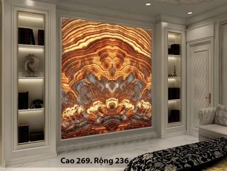 Tranh Đá Đối Xứng Onyx Xuyên Sáng Ốp Tường Màu Vàng Nâu  CN 2