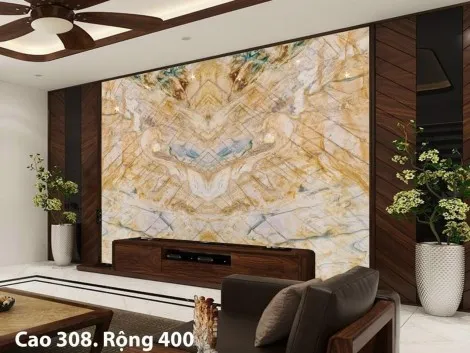 Tranh Đá Đối Xứng Thạch Anh Xuyên Sáng Ốp Tường Màu Vàng CN 1