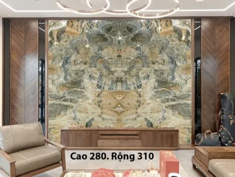 Tranh Đá Đối Xứng Onyx Xuyên Sáng Ốp Tường Màu Xanh Vân Vàng CN 02