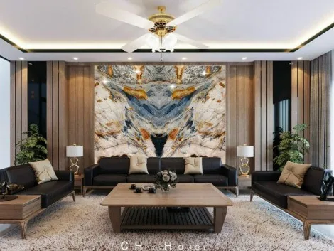 Tranh Đá Đối Xứng Thạch Anh Xuyên Sáng Ốp Tường Màu Xanh CN 04