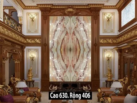 Tranh Đá Đối Xứng Thạch Anh Ốp Vách Thông Tầng Màu Kem Vàng Vân Hồng  CN   
