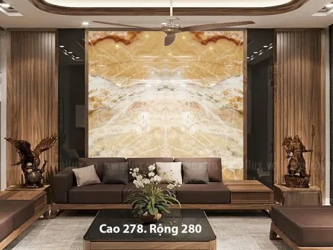 Tranh Đá Đối Xứng Onyx Xuyên Sáng Ốp Tường Màu Nâu Vân Trắng CN 02