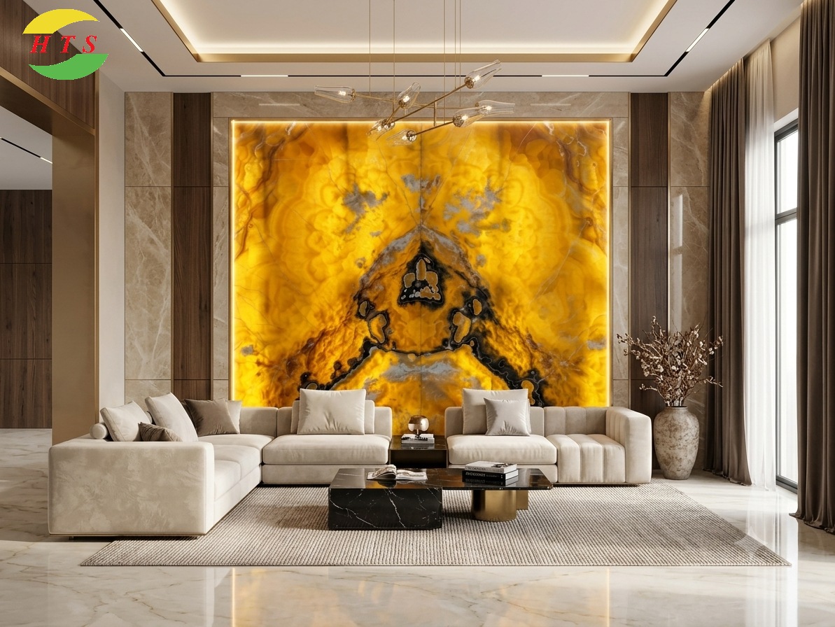 Tranh Đá Đối Xứng Onyx Xuyên Sáng Ốp Tường Màu Vàng 10