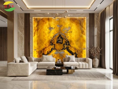 Tranh Đá Đối Xứng Onyx Xuyên Sáng Ốp Tường Màu Vàng 10