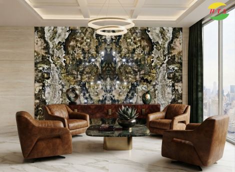 Tranh Đá Đối Xứng Granite Xuyên Sáng Ốp Tường Màu Xanh