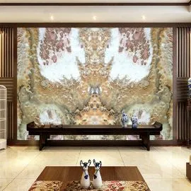 Tranh Đá Đối Xứng Xuyên Sáng Onyx Nền Trắng Vân Vàng