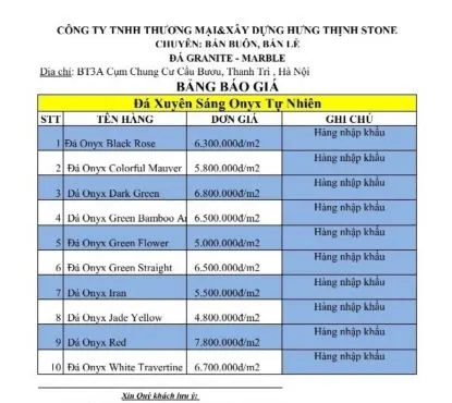 Bảng Báo Giá Đá Onyx Xuyên Sáng Tự Nhiên Tại Hà Nội: Sự lựa chọn tinh tế cho kiến trúc hiện đại