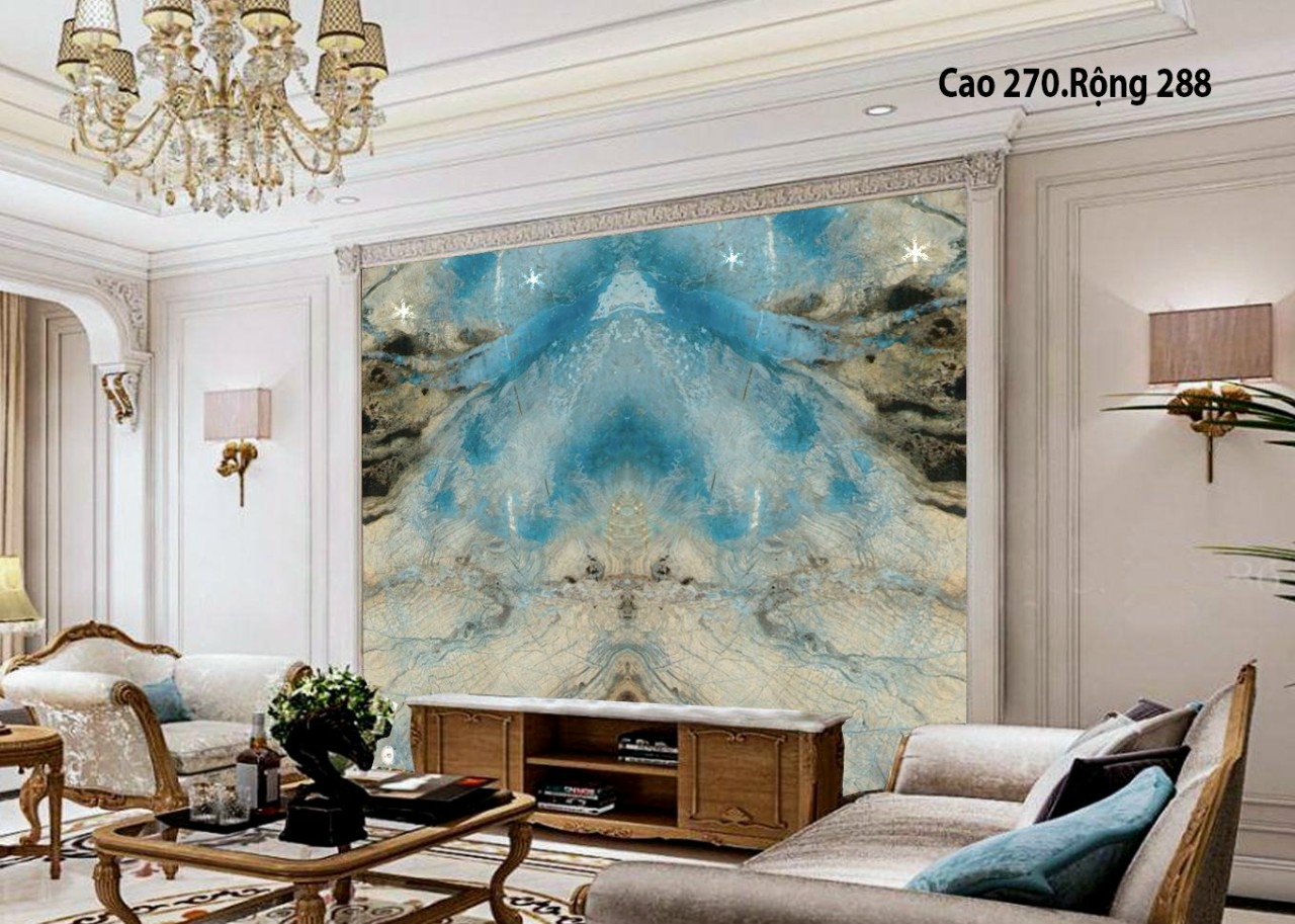 Tranh đá tự nhiên màu xanh trời trong phòng khách