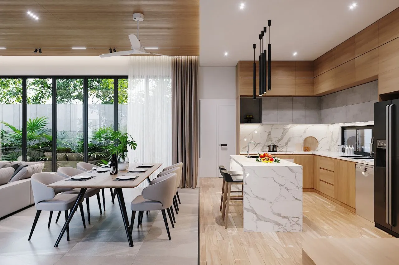 Phòng Khách Liền Bếp Tông Trắng