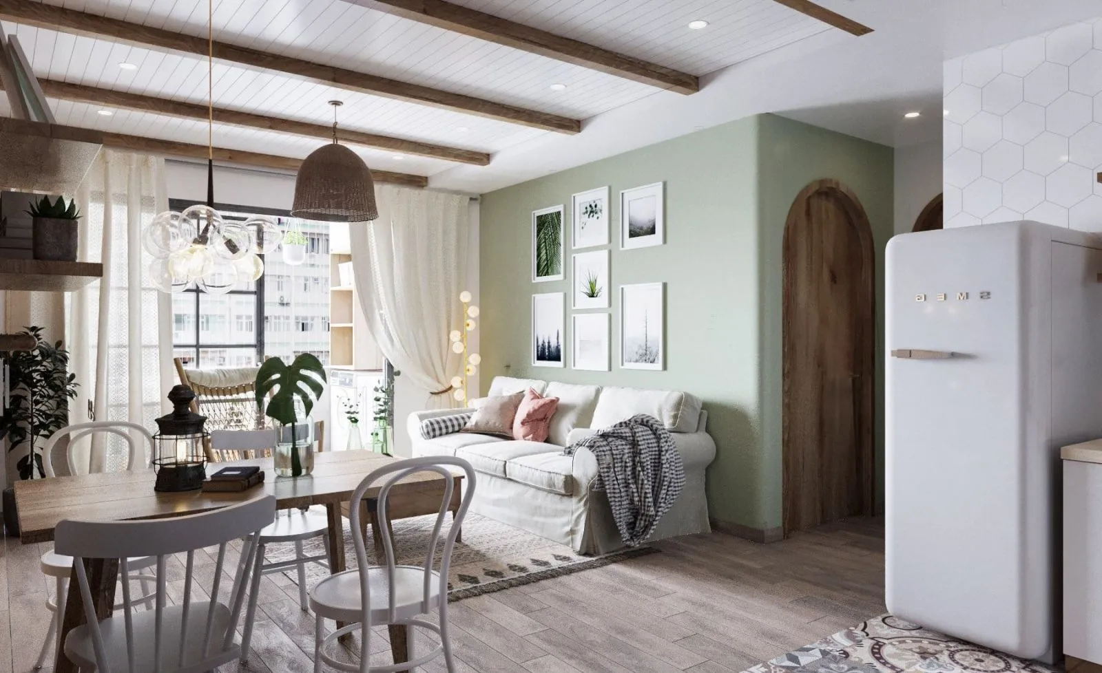 Phòng Khách Phong Cách Vintage Với Sắc Màu Ấm Áp Liền Bếp