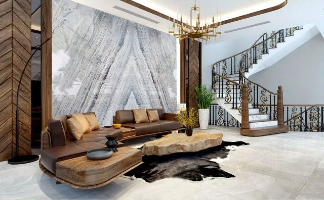 tranh đá đối xứng sau ghế salon phòng khách
