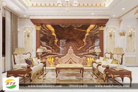 Tranh Đá Đối Xứng Onyx Xuyên Sáng Ốp Tường Màu Nâu Cafe