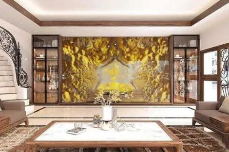 Tranh Đá Đối Xứng Onyx Xuyên Sáng Ốp Tường Màu Vàng 009