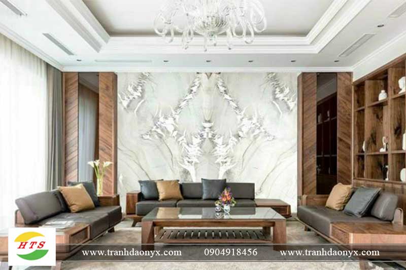 Thiết kế vách đá đối xứng sau sofa sang trọng.