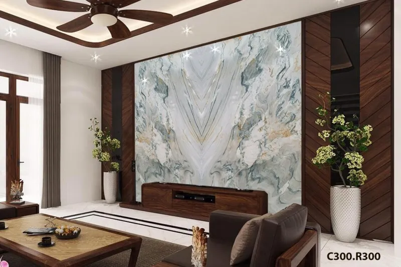 Tranh đá đối xứng ốp vách ngăn phòng khách