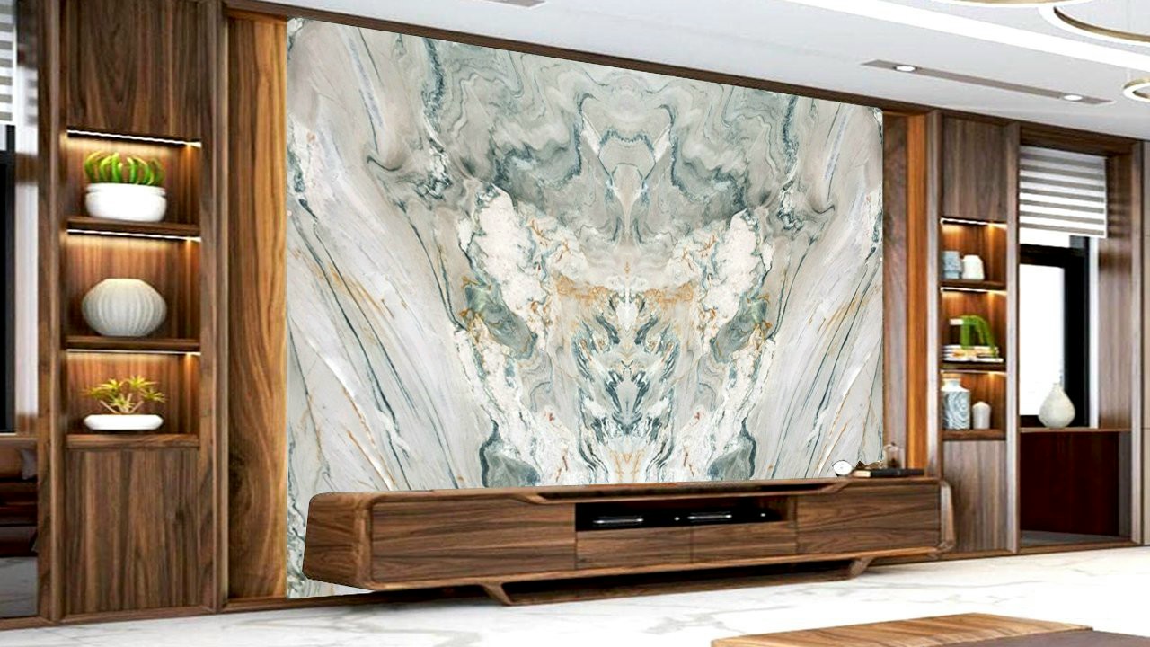 tranh đá thạch anh trắng xanh